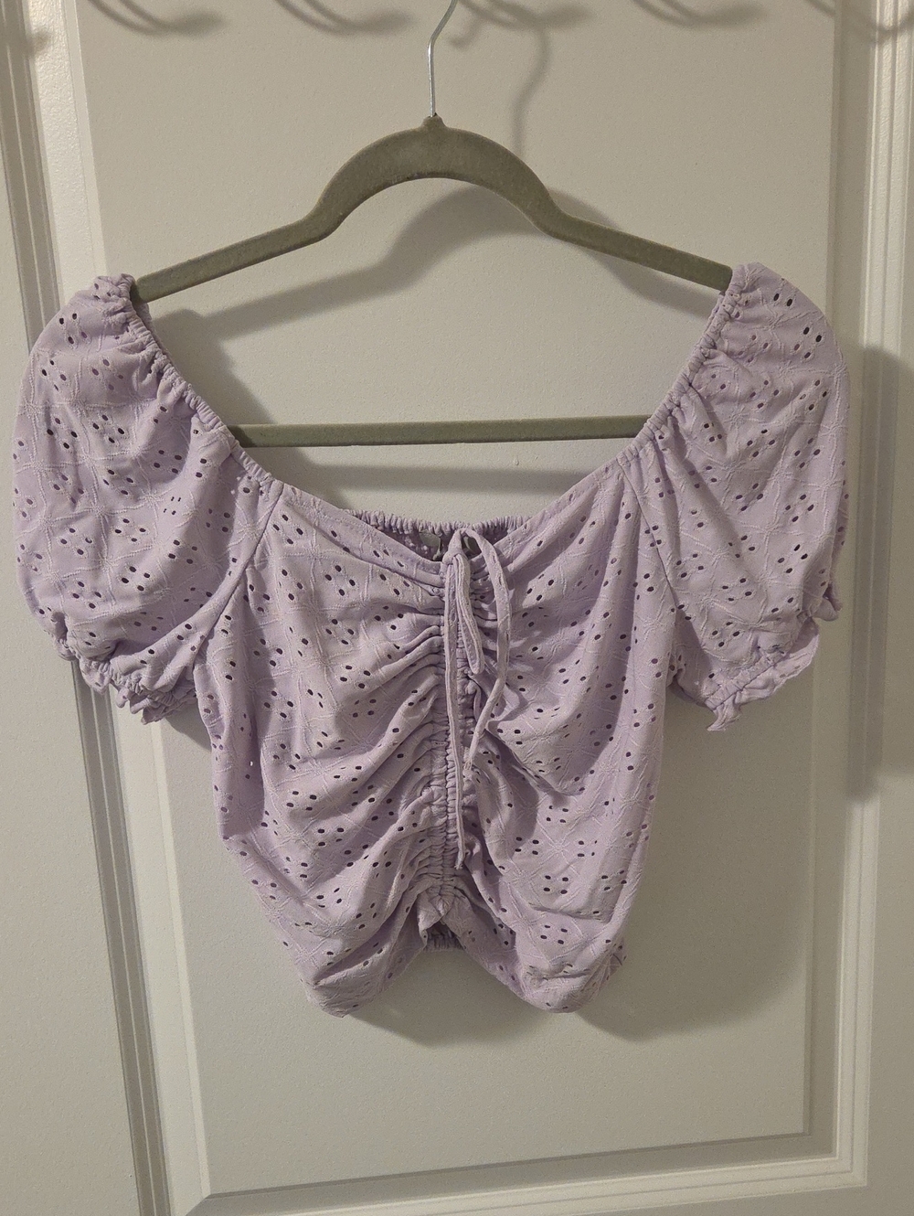 Love Tree Lavender Eyelet Off-Shoulder Ruched Crop Top